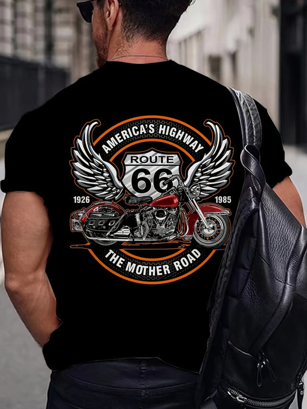 3D Route 66 Motorcycle Printed Men's Fashion Color Block Short Sleeve Round Neck T-shirt, Summer Outdoor Super Amazing Store