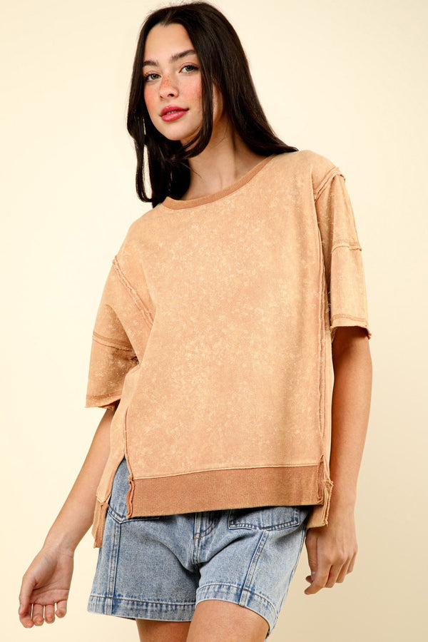 VERY J Round Neck Exposed Seam Slit T-Shirt Trendsi