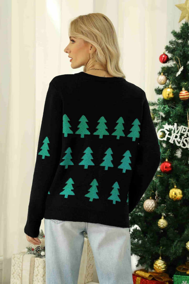 Christmas Tree Round Neck Ribbed Trim Sweater Trendsi