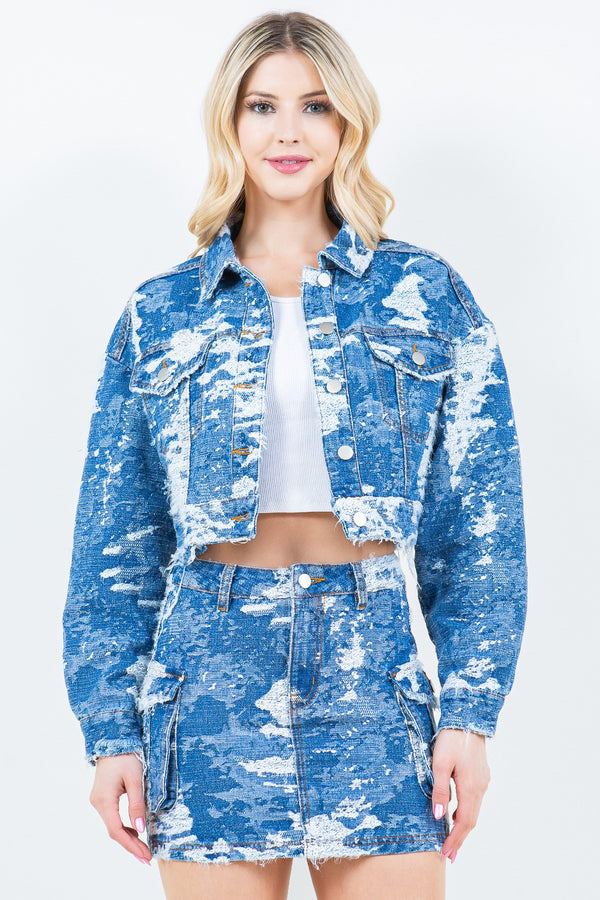 American Bazi Jacquard Trim Cropped Denim Jacket Trendsi