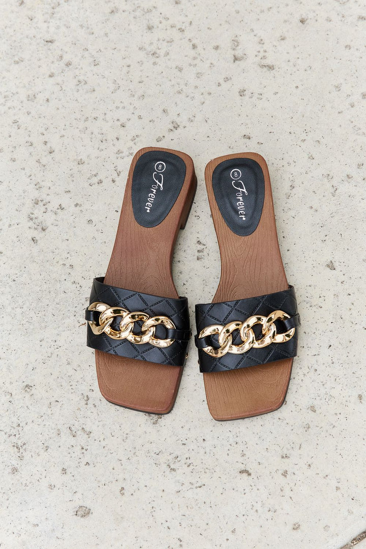 Forever Link Square Toe Chain Detail Clog Sandal in Black Trendsi