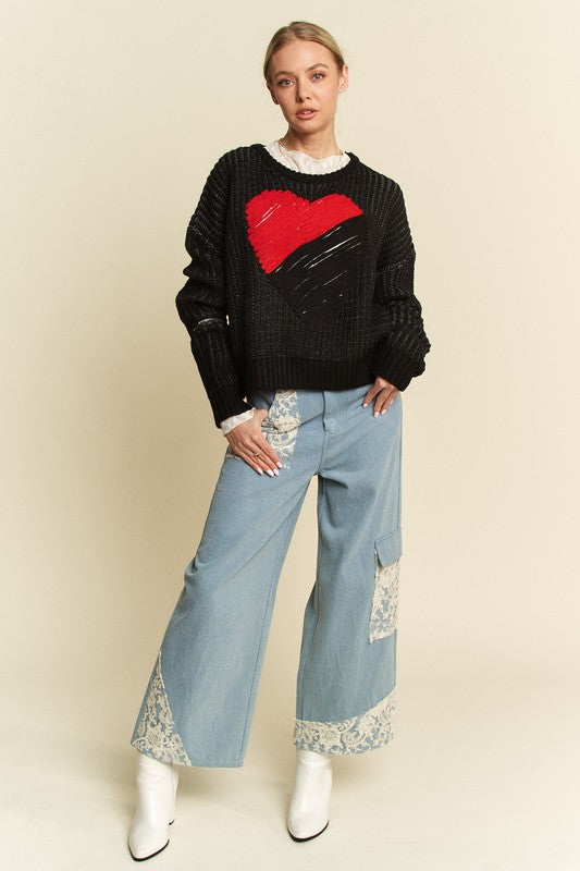 Davi & Dani Contrast Heart Dropped Shoulder Sweater Trendsi