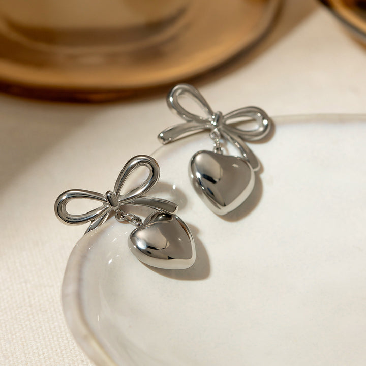 Stainless Steel Bow & Heart Drop Earrings Trendsi