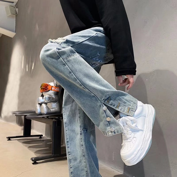 American Letter Embroidered Jeans High Street Fashion Brand Hip Hop Straight-leg Pants Q2