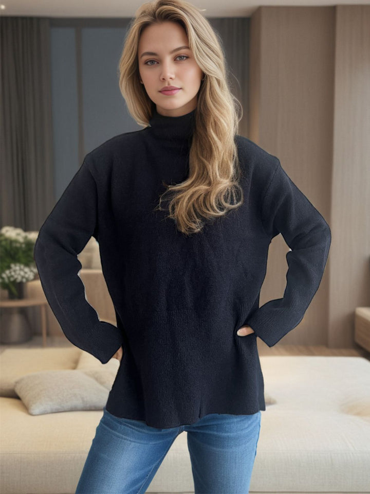 Side Slit Turtleneck Long Sleeve Sweater Trendsi