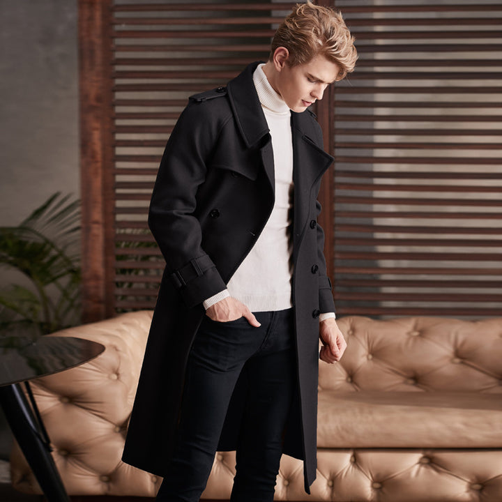 Men's Double Breasted Knee Length Woolen Coat Q2