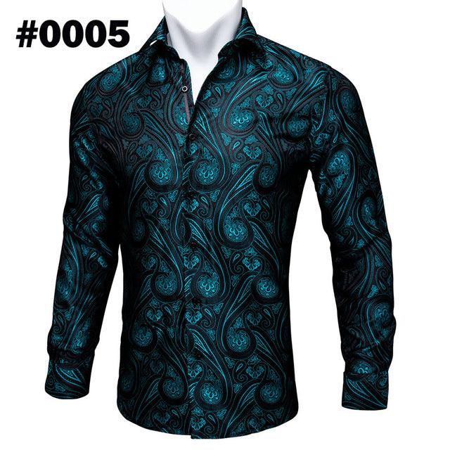 Barry.Wang Teal Paisley Floral Silk Shirts Men Autumn Long Sleeve Casual Flower Shirts For Men Designer Fit Dress Shirt BCY-05 - Super Amazing Store