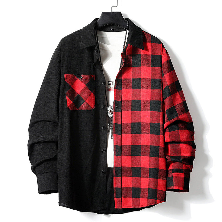 Casual Color-matching Plaid Shirt Autumn And Winter Corduroy Long-sleeved Lapel Shirt Q2