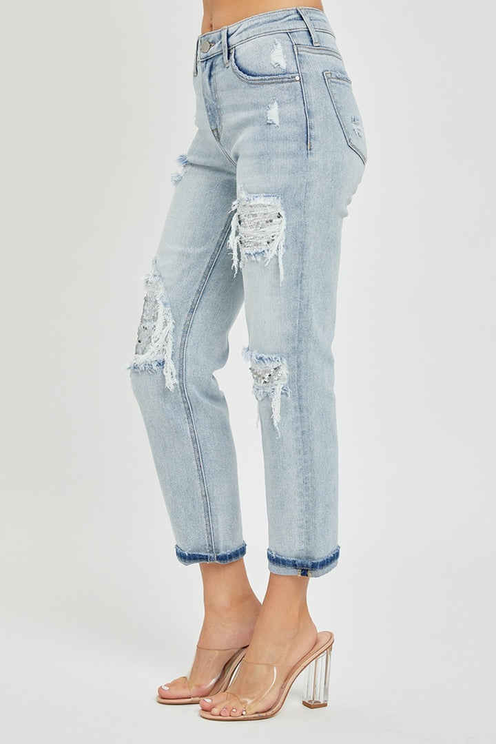 RISEN Mid-Rise Sequin Patched Jeans Trendsi