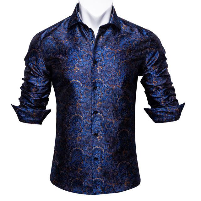 Barry.Wang Teal Paisley Floral Silk Shirts Men Autumn Long Sleeve Casual Flower Shirts For Men Designer Fit Dress Shirt BCY-05 - Super Amazing Store