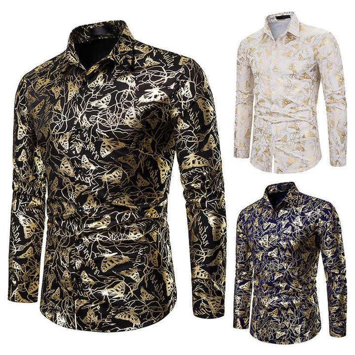 Men's lapel butterfly bronzing print long sleeve shirt men - Super Amazing Store