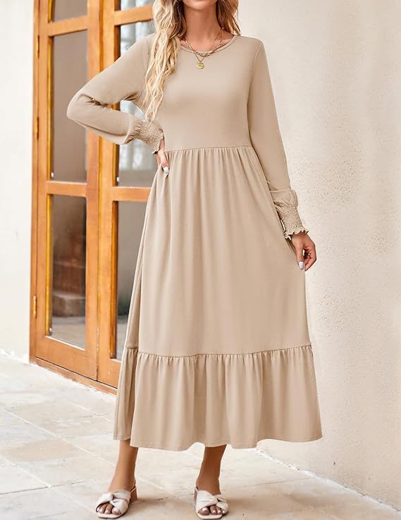 Women's Smocking Long Sleeve Round Neck Mid-length Dress Q2