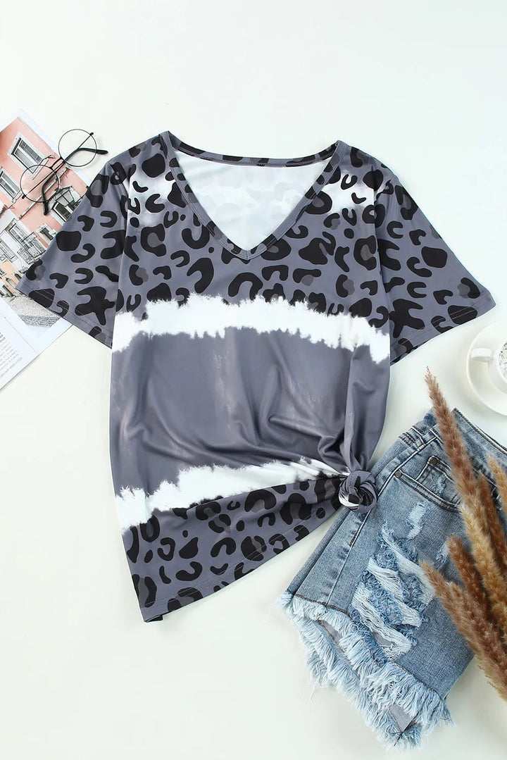 Leopard V-Neck Short Sleeve T-Shirt Trendsi