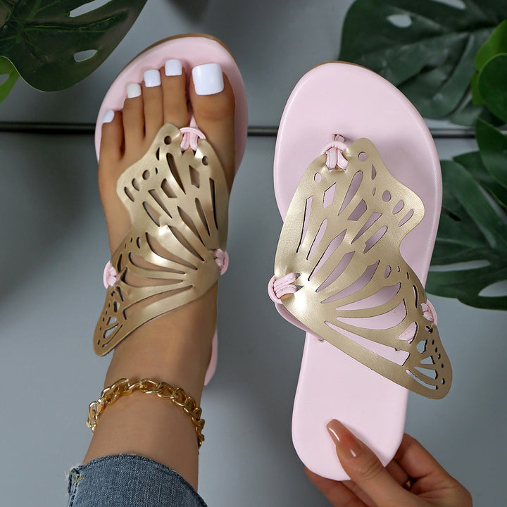 Hollow Butterfly Flip-Flops Summer Sandals For Women Casual Beach Shoes Low Heel Flat Slides Slippers Q2