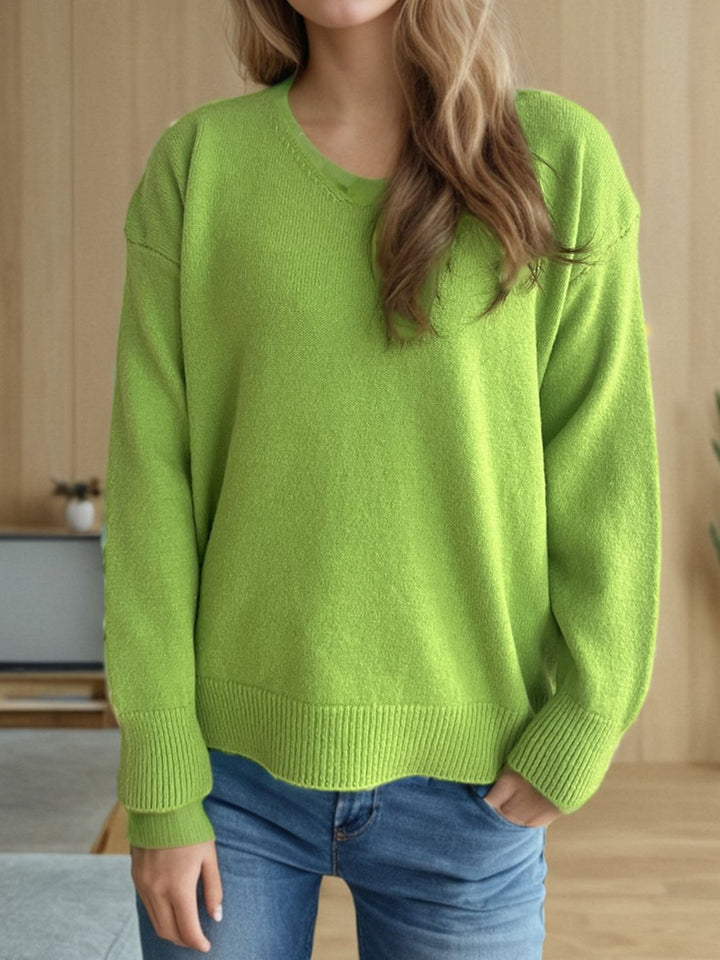 V-Neck Dropped Shoulder Long Sleeve Sweater Trendsi