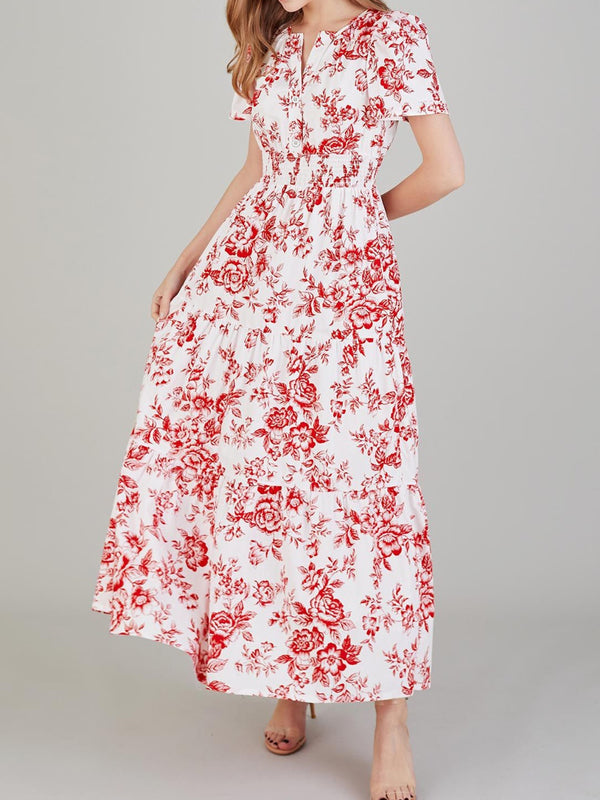 Tiered Floral Notched Short Sleeve Dress Trendsi