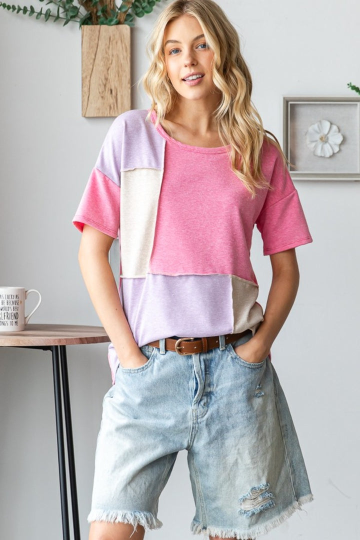 HOPELY Full Size Color Block Exposed Seam T-Shirt Trendsi