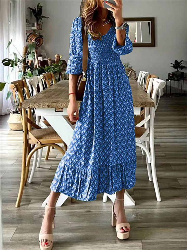 Smocked Printed V-Neck Midi Dress Trendsi