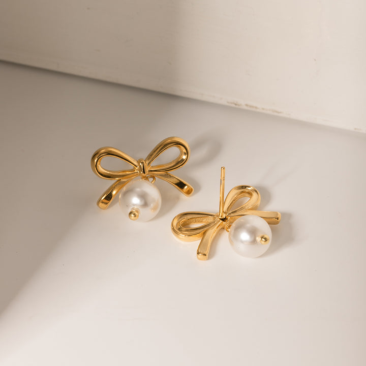 Stainless Steel Bow Pearl Earrings Trendsi