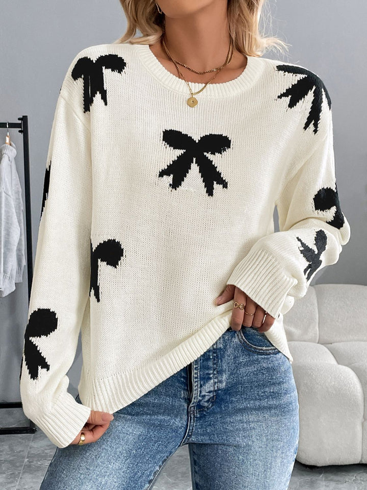 Perfee Bow Graphic Round Neck Long Sleeve Sweater Trendsi