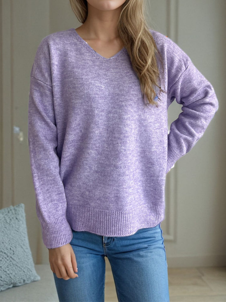 V-Neck Dropped Shoulder Long Sleeve Sweater Trendsi