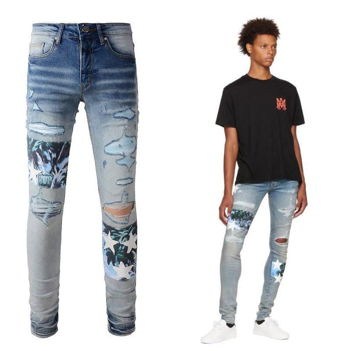 White Star Printed Patch Torn Jeans For Men - Super Amazing Store