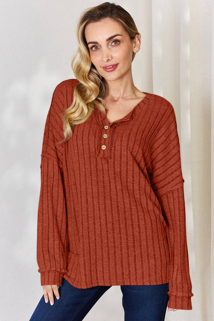 Basic Bae Full Size Ribbed Half Button Long Sleeve T-Shirt Trendsi