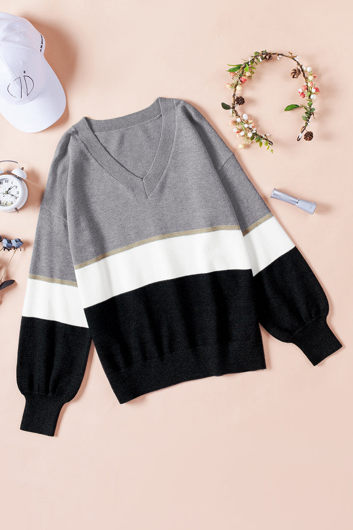 Color Block V Neck Long Sleeve Sweater Trendsi