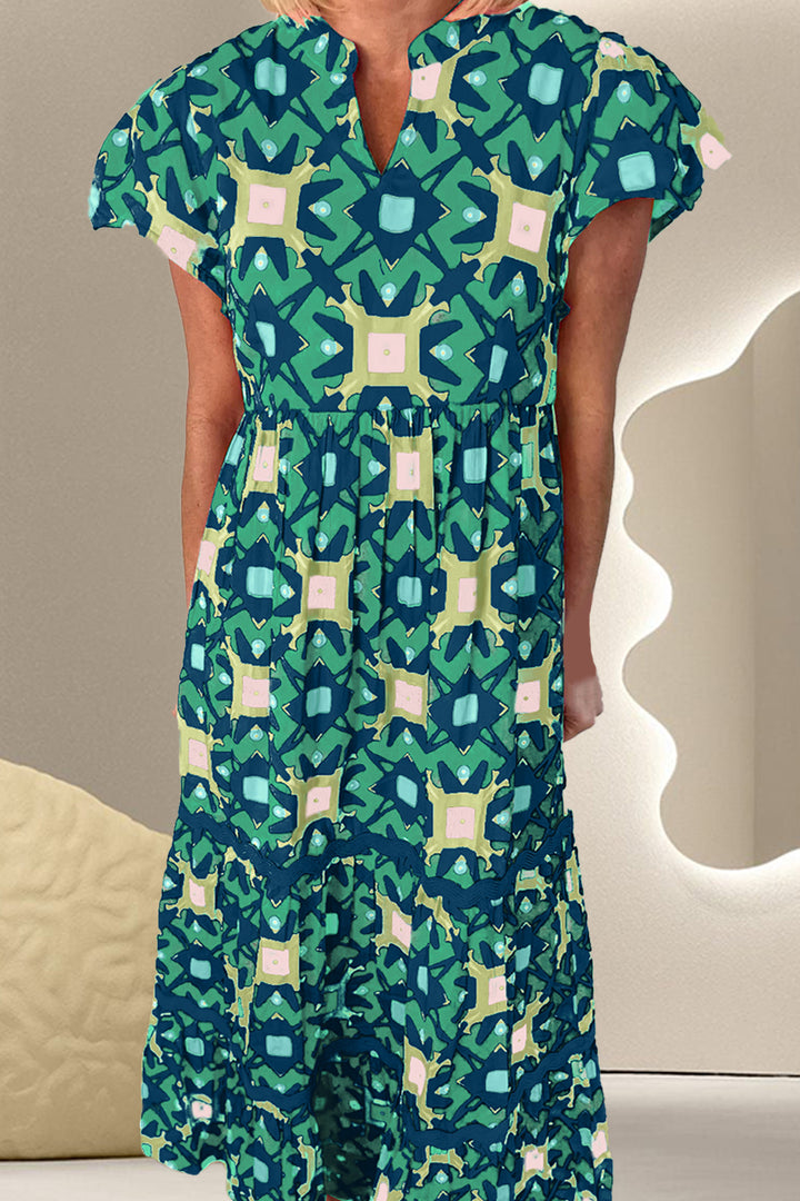 Printed Notched Cap Sleeve Dress Trendsi