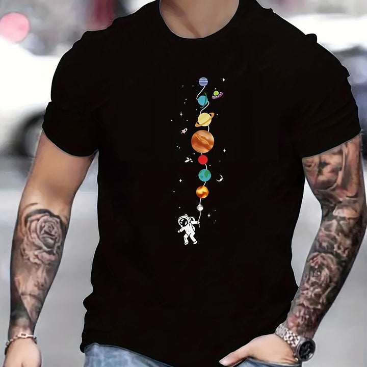 Astronaut And Planet Graphic Printed Casual Round Neck Men's Short Sleeved Shirt, Quick Drying Comfortable Casual Summer T-shirt, Suitable For Daily Wear, Exercise And Vacation Destinations Super Amazing Store