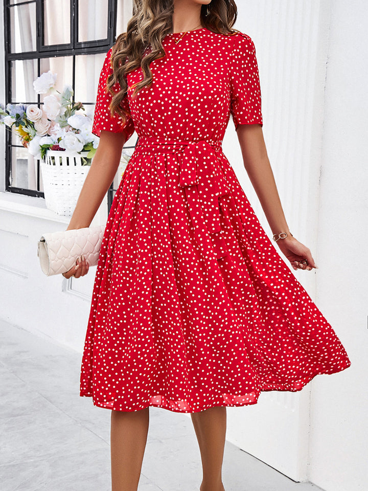 Printed Round Neck Short Sleeve Dress Trendsi