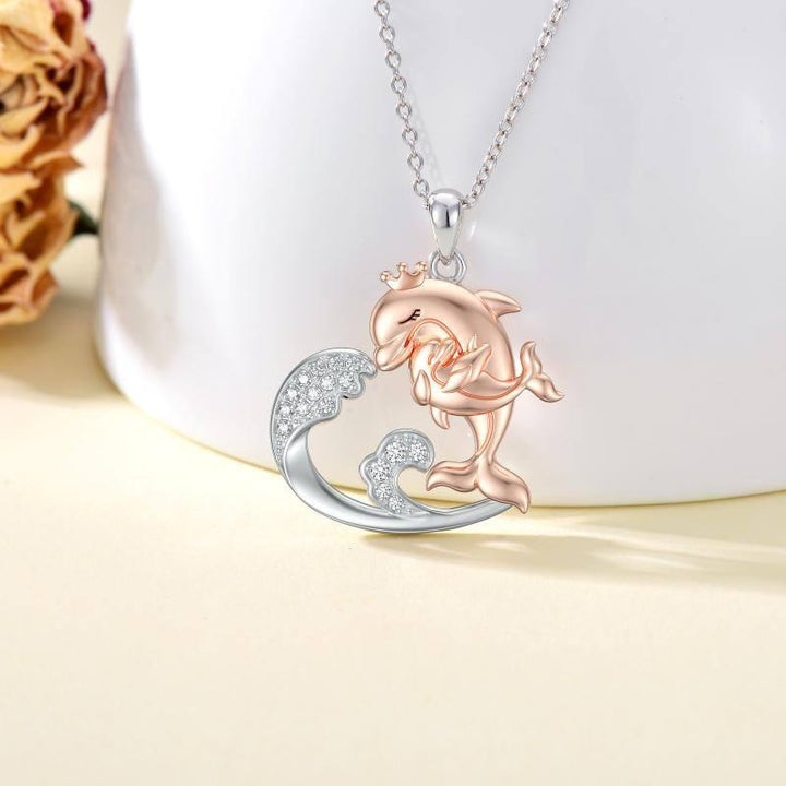 925 Sterling Silver Waves Dolphin Necklace Mother Daughter Jewelry - Super Amazing Store