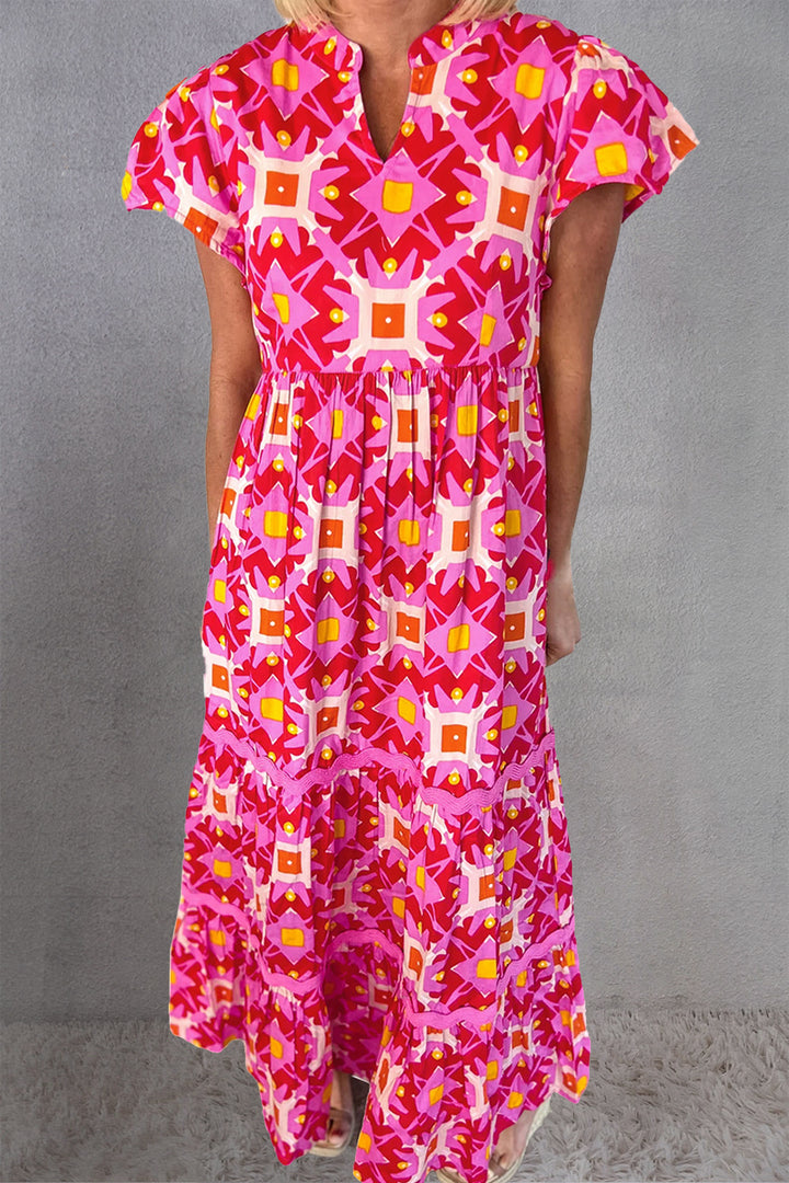 Printed Notched Cap Sleeve Dress Trendsi