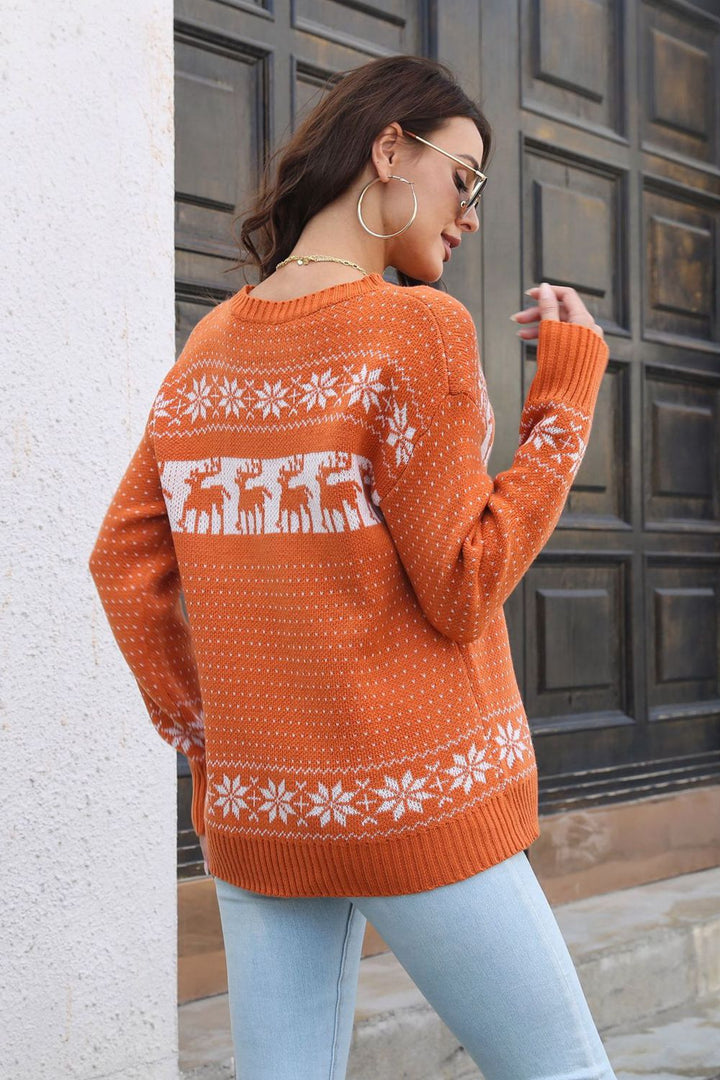 Reindeer & Snowflake Pattern Dropped Shoulder Pullover Sweater Trendsi