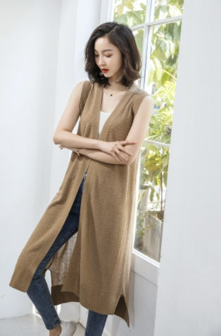 Long Vest Korean Style Loose Large Size Sleeveless Linen Cardigan Q2