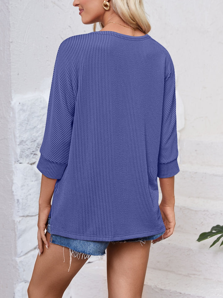 Textured Round Neck Three-Quarter Sleeve Blouse Trendsi