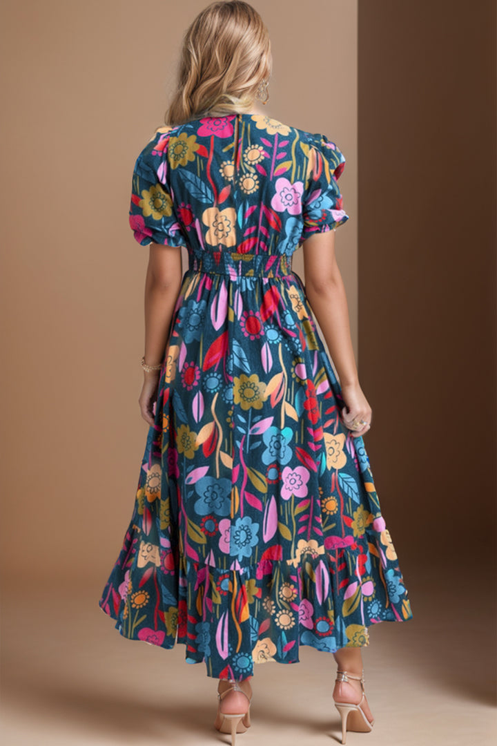 Printed Notched Puff Sleeve Midi Dress Trendsi