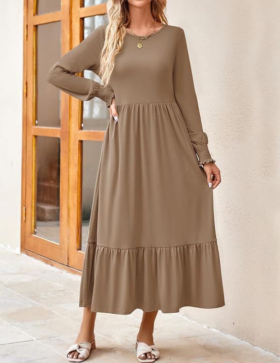 Women's Smocking Long Sleeve Round Neck Mid-length Dress Q2