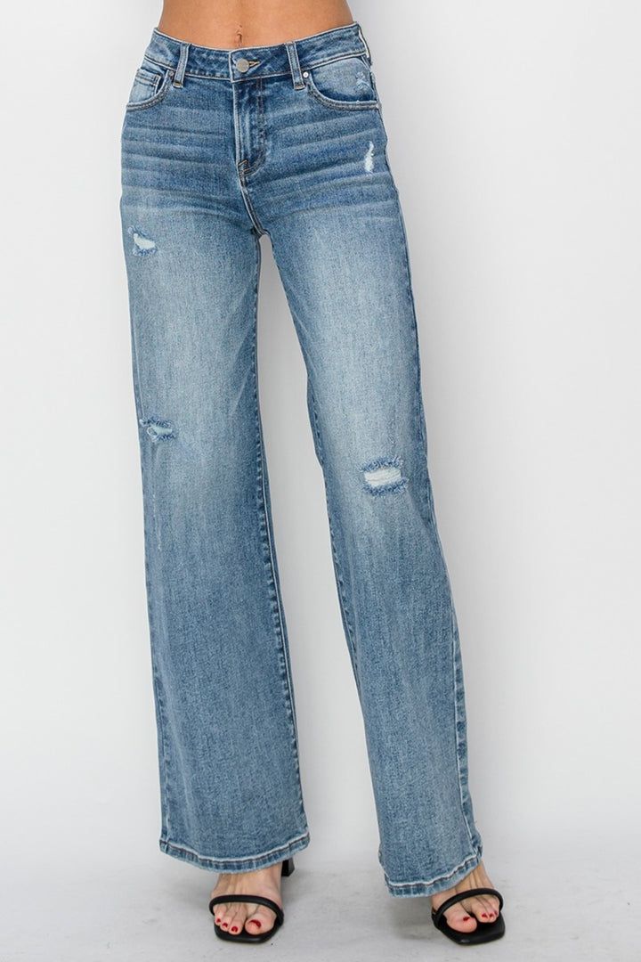 RISEN Full Size High Waist Distressed Wide Leg Jeans Trendsi