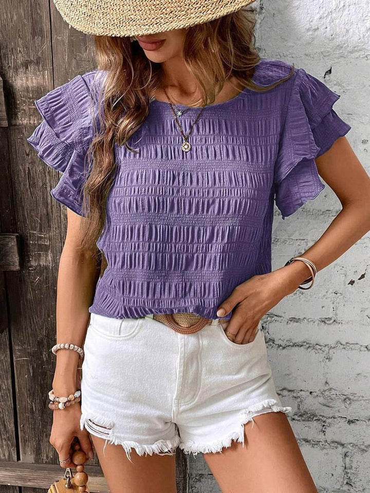 Summer Ruffled Short-sleeved T-shirt Casual Round Neck Pleated Design Top-Super Amazing Store