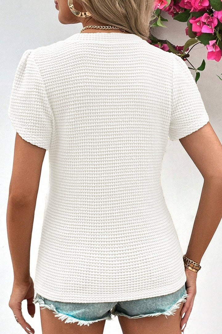 Waffle-Knit V-Neck Short Sleeve Blouse Trendsi