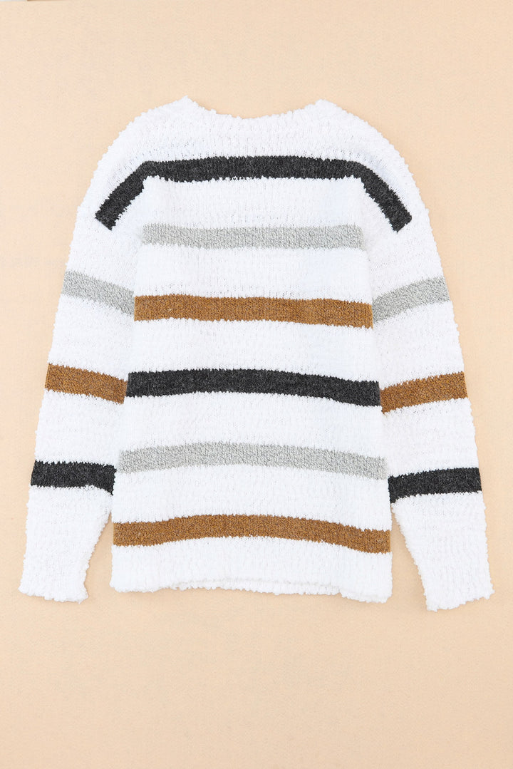 Striped Round Neck Dropped Shoulder Sweater Trendsi