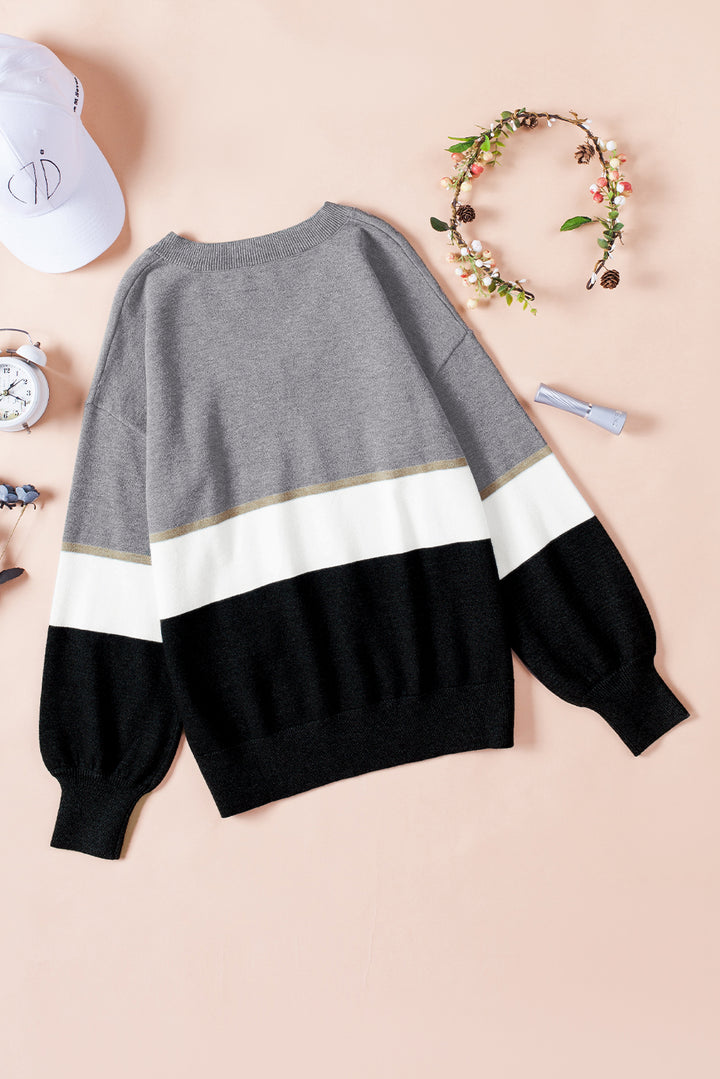 Color Block V Neck Long Sleeve Sweater Trendsi