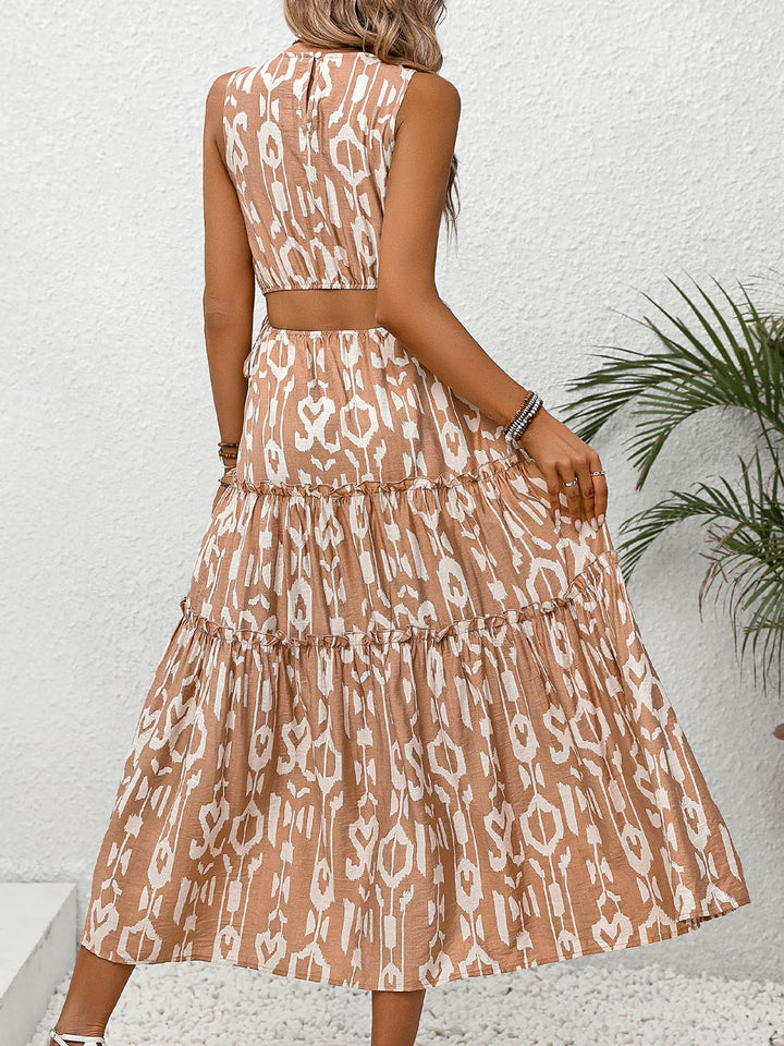 Frill Cutout Printed Round Neck Sleeveless Dress Trendsi