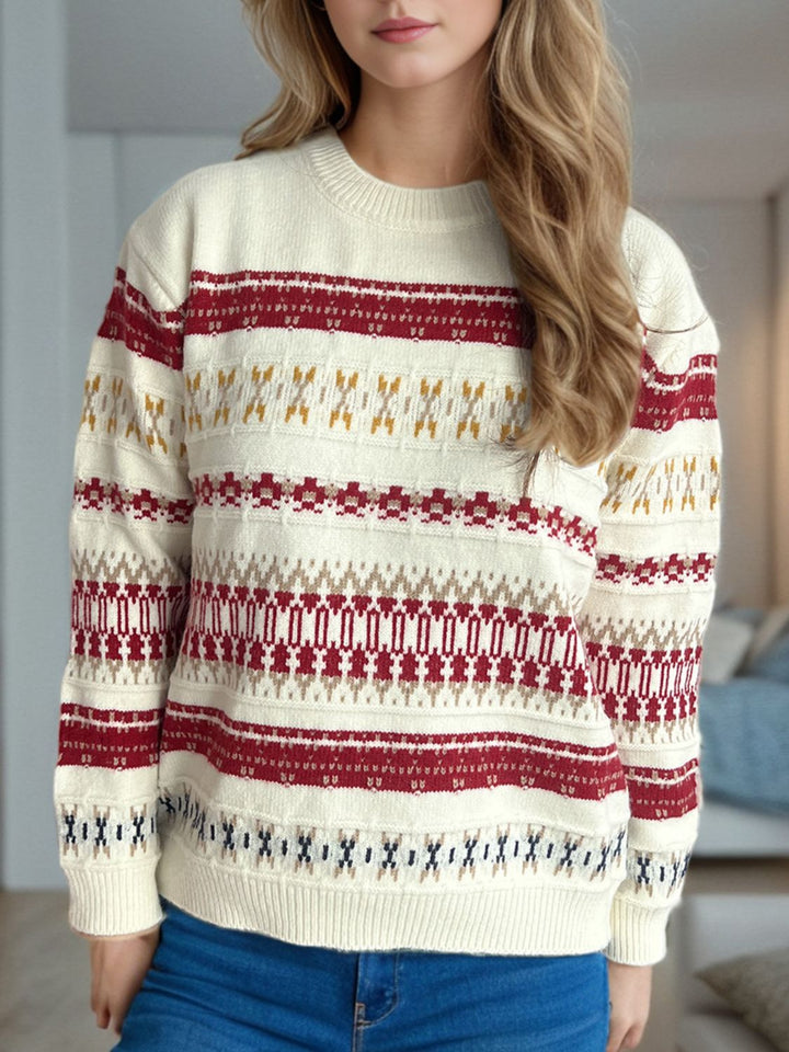 Geometric Round Neck Long Sleeve Sweater Trendsi