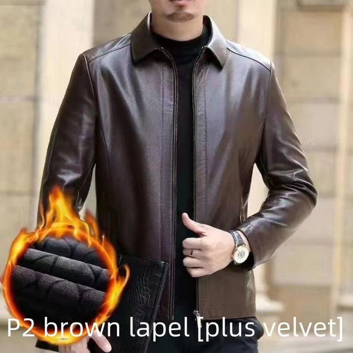 Leather Jacket For Middle-aged Men Leather Clothing With Stand Collar Men Fleece-lined-Super Amazing Store