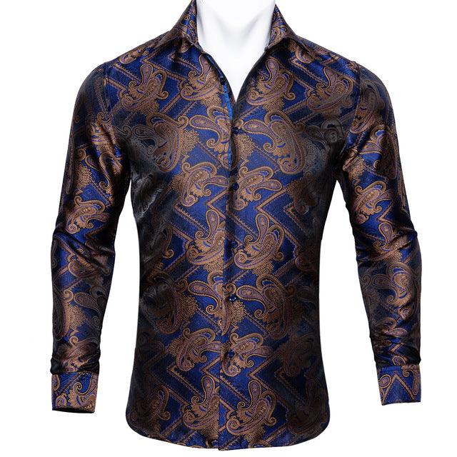 Barry.Wang Teal Paisley Floral Silk Shirts Men Autumn Long Sleeve Casual Flower Shirts For Men Designer Fit Dress Shirt BCY-05 - Super Amazing Store