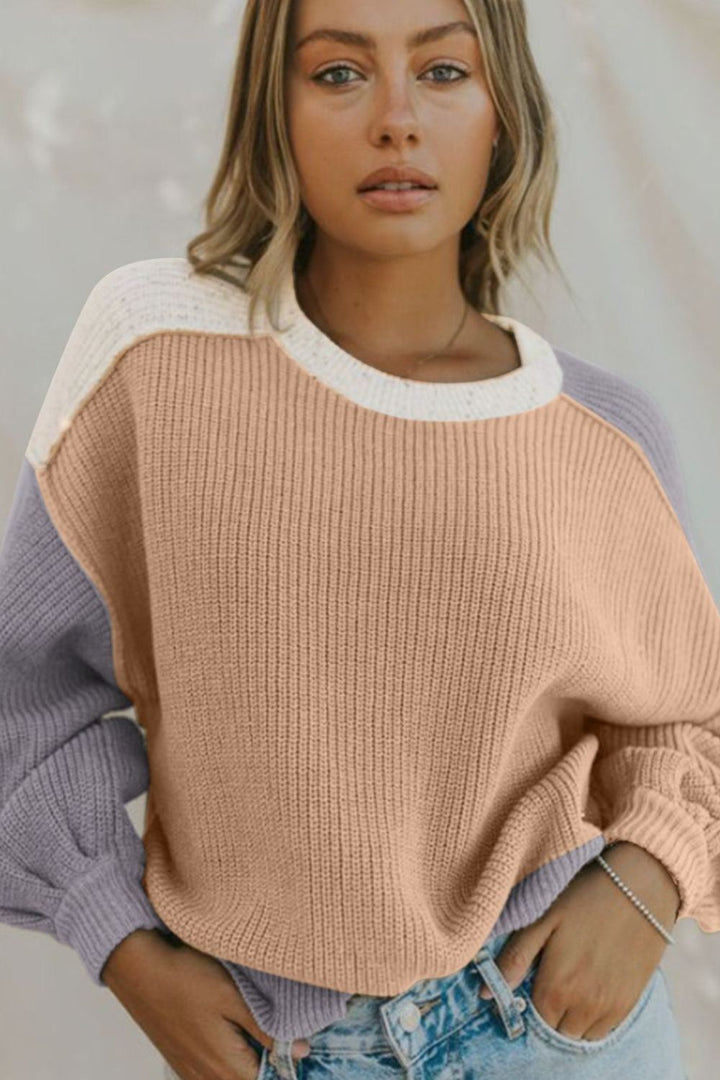 Color Block Round Neck Drop Shoulder Sweater Trendsi