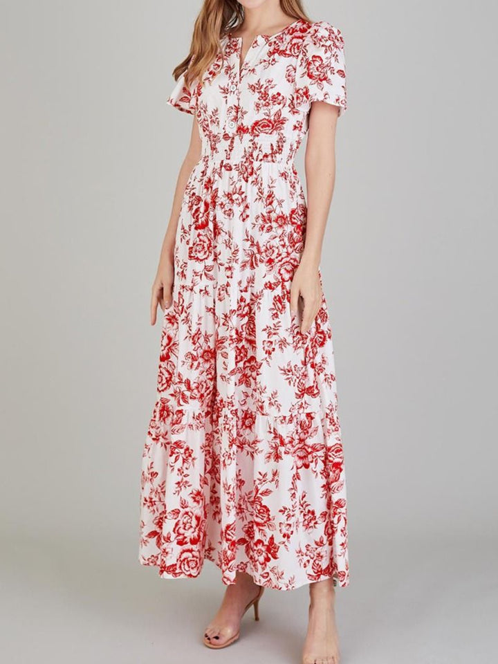 Tiered Floral Notched Short Sleeve Dress Trendsi