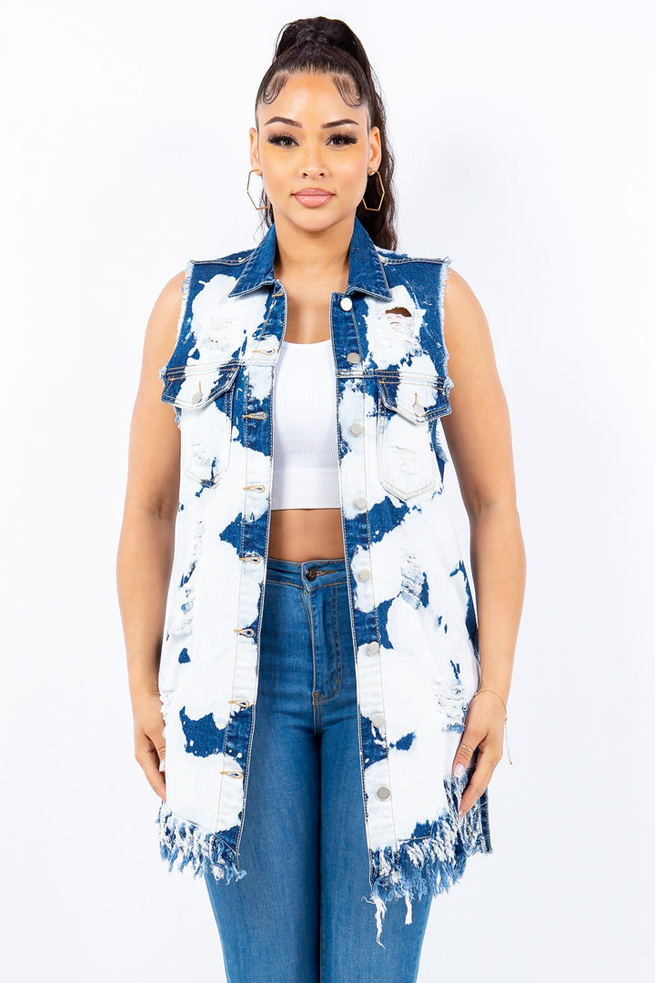 American Bazi Distressed Frayed Edge Longline Denim Vest Trendsi